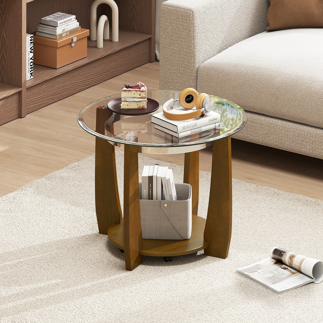 32" Round Glass Coffee Table 2-Tier Design with Storage Shelf and Wheels